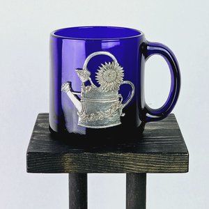 Vintage Cobalt Blue Pewter Flower Watering Pot Coffee Tea Hot Drink Mug, 10 Oz.